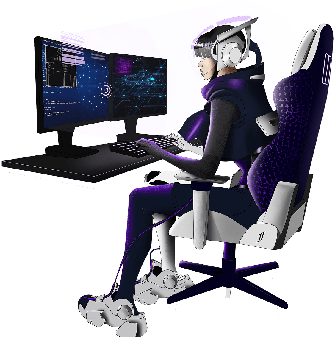Join animated girl character operating her computer